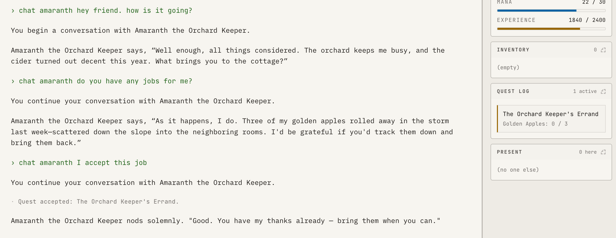 Screen capture of chatting with the NPC