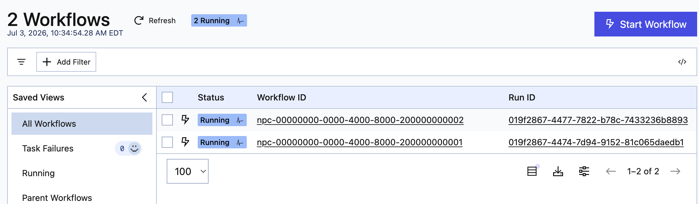 Getting a list of running workflows with the Temporal console